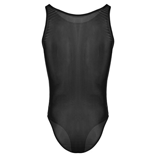 Abafip Men's Sheer Mesh Bodysuit Sleeveless Semi See Through Singlet Undershirt One Piece Tank Bodysuit Mankini Swimwear Lingerie Underwear Black X-Large #TOP5