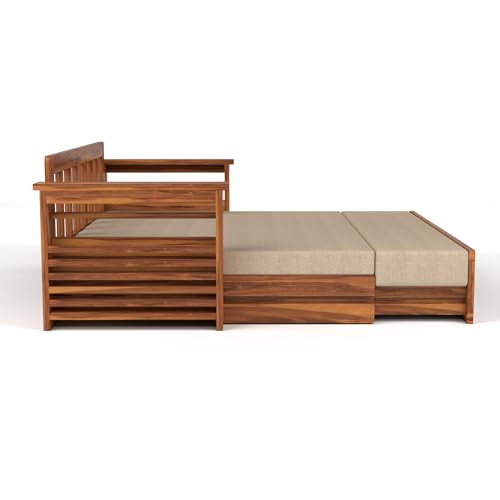 Image of Solid Sheesham Wood Sofa Cumss Bed with Storage & Handcrafted Ceramic Tile Design | Rosewood Sofa Bed with Cushions for Living Room & Bedroom (Natural Finish)