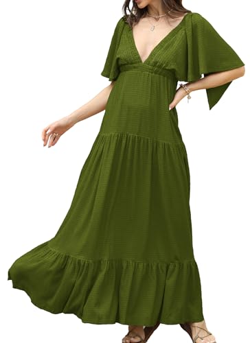 Image of Kikibell Women Summer Dresses Sexy V-Neck Maxi Dress Tiered Silhouette with Flutter Sleeve Backless Elastic Waist Flowy Dress
