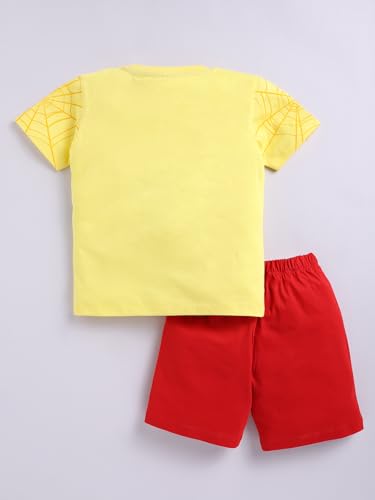 Image of Little Ninja Pure Cotton Knee Length Half Sleeve With Pocket Spider Man Printed Tee & Shorts Set - Yellow 0-6M