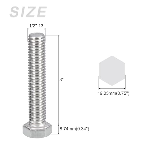 Image of METALLIXITY Hex Head Bolts (1 /2-13 x 3) 5Pcs, 304 Stainless Steel 18-8, Fully Threaded, External Hex Drive, Plain Finish, Hex Head Screw Bolt, Silver