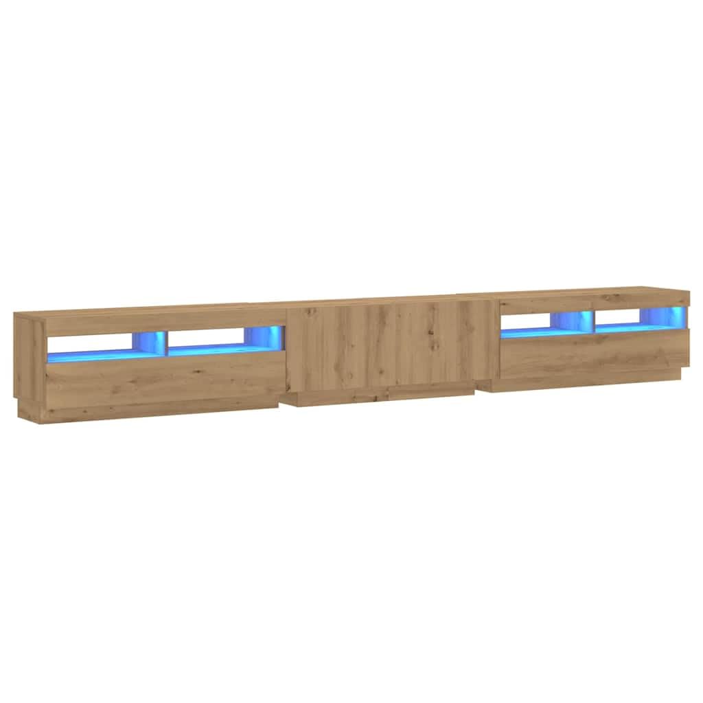 Mueble TV de 300 cm con Luz LED, Mueble TV Salón Aparador, Mesa TV Madera con Estantes - Roble Artisan - 300x35x40 cm