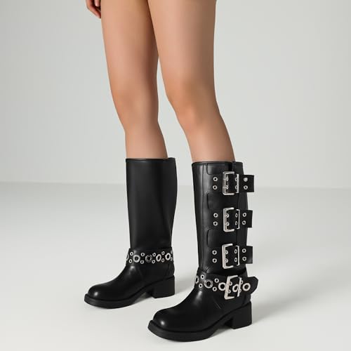Image of AMINUGAL Knee High Boots Women Square Toe Pull On Wide Calf Riding Fashion Buckles Chunky Metallic Casual Vintage Buckle Rivet