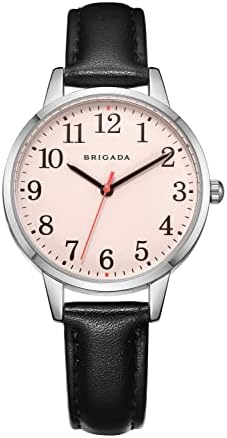 BRIGADA Women's Watch Nice Fashion Elegant Pink Black Leather Band Ladies Watch for Women