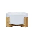 HCHLQLZ White Ceramic Cat Bowl with Wood Stand No Spill Pet Food Water Feeder Cats Small Dogs