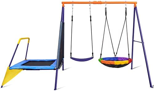 Lunafun Swing Sets for Backyard with Trampoline 440lbs with Heavy-Duty Metal A-Frame Outdoor Swing Set with 1 Saucer Swing Seat 1 Swings Seat & 1 Trampoline