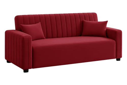 Image of Modern 3 Seater Sofa | Vertical Channel Tufted Backrest & Armrests | Plush Cushioned Seating | Contemporary Upholstered Couch for Living Room, Bedroom & Office - Red Color