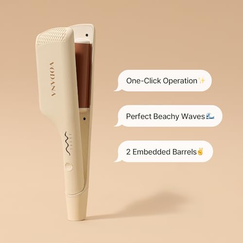 VODANA Professional Triple Flow Ceramic Hair Waver, Easy Beach Wave, Embedded, Light Double Barrel Wave Iron for Wide Deep Waves (1.25 inch, Brown)