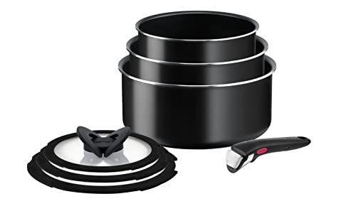 Tefal Ingenio Easy On - Juego de 3 Cazos 16/18/20 cm + 3 Tapas + Mango extraíble, No apto inducción, antiadherentes, revestimiento titanio, sin PFOA, apto lavavajillas y horno