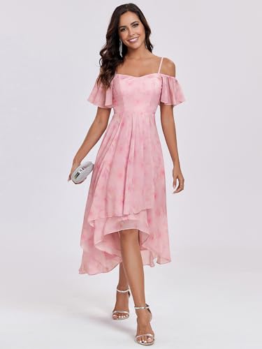 Image of Ever-Pretty Women's Summer Cold Shoulder Hi-Lo Asymmetrical Hem Flowy Chiffon Short Wedding Guest Dress 02103