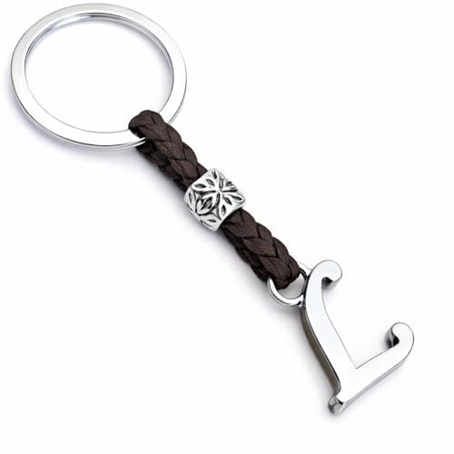 ASTER ALHELÍ - Llavero de Cuero con Iniciales Personalizado - Letras y abalorios de zamak Chapado en Plata - Llavero para Hombre o Mujer - Ideal para Regalo (L)