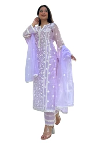 Kurta pantalon crêpe brodé lavande femme taille S avec manches transparentes
