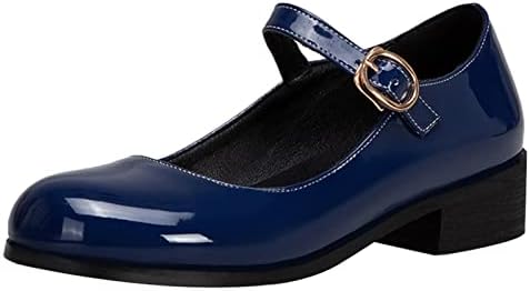 Lizoleor Damen Knöchelriemchen Mary Jane Runde Zehen Klassischer Lack Block Mitte Absatz Pumps