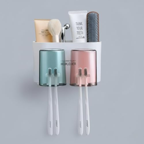 Image of SWAZE Wall Mounted Toothbrush Holder for Bathroom - Stickable Brush Stand with Cover | Tooth Brush & Paste Holder for Bathroom Wall | Bathroom Brush Holder for Wash Basin | Plastic Stand Set (2 Cups)