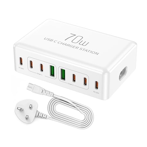 70W Multi USB Charger Plug, Charging Station with 6 USB C ports and 2 way USB, Fast Charging Block with Multiple 20W USB-C Power Adapter for Apple iPhone, iPad, Android Devices, etc