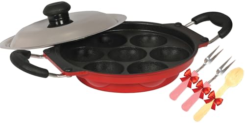 Image of Nonstick Paniyaram Pan 7 Pit with Lid | Appam Maker /Appe Pan for Gas Stove & Induction | Kuzhi Paniyaram, Paddu, Gunta Ponganalu Pan.
