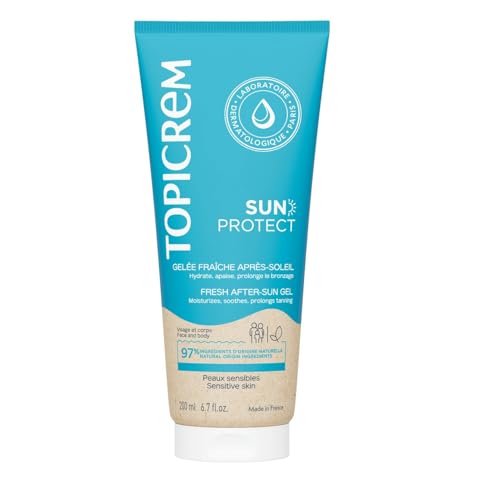 Topicrem - Sun Protect, gel fresco para cara y cuerpo – Hidrata 48 horas – Prolonga el bronceado – Cuidado solar para pieles sensibles – Aloe vera y karité – 200 ml