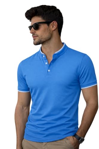 Image of Dagcros Men Polo T-Shirt, with White Trim, Short Sleeve, Button Collar Tshirt for Mens