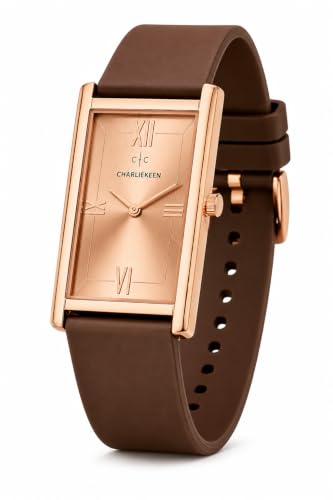 Image of CHARLIEKEEN Rectangular Wristwatch, Black Dial with Rose Gold Roman Numerals, Silicone Strap, Elegant Style