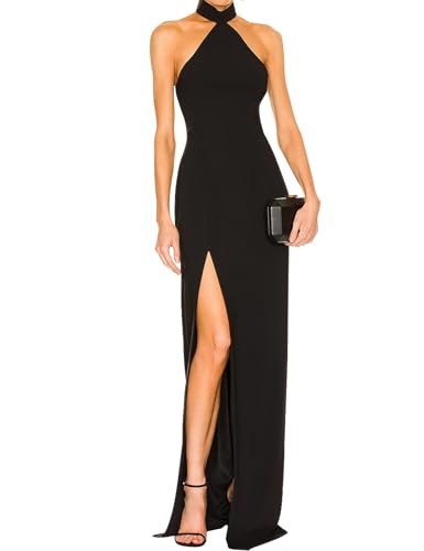LuFeng Women's Halter Sleeveless Side High Slit Backless Maxi Dress Elegant Cocktail Party Long Dress Evening Gown