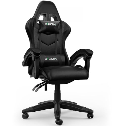 bigzzia Gaming Stuhl mit Bluetooth-Lautsprechern, Gaming Chair mit Lendenkissen und Kopfstütze, Gamer Sessel Höhenverstellbar, Pc Stuhl für Erwachsene Mädchen Junge, Schwarz