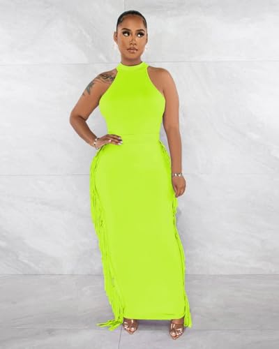 Image of 2 Piece Outfits for Women Sexy Halter Neck Sleeveless Crop Tops Ruched Bodycon Dresses Jumpsuits Fringe Skirt Sets