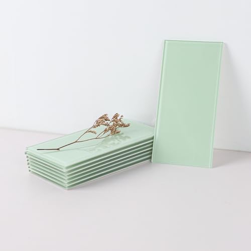 CASAPALACE Peel and Stick Glass Tile Green Backsplash, 3" x 6" Subway Glass Backsplash for Kitchen Bathroom (40-Piece)