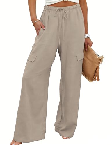 Xiaoxuemeng Womens Cotton Linen Wide Leg Pants Casual Elastic Waisted Cargo Pants with Pockets (Khaki-S) — Amazon listing image