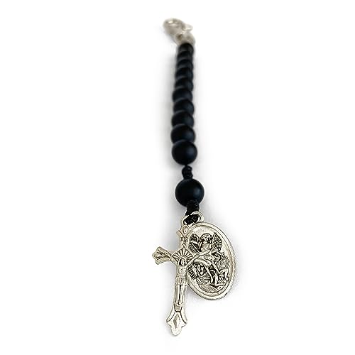 Catholic Prayer Pocket Rosary Saint Michael the Archangel Medal Black Beads Corded Rosary Keychain Tenner Open Style One Decade Rosary2