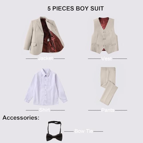 Image of Boy Suits 5 Pieces Formal Suit Set with Adjustable Waist Kids Dress Suit for Wedding Prom