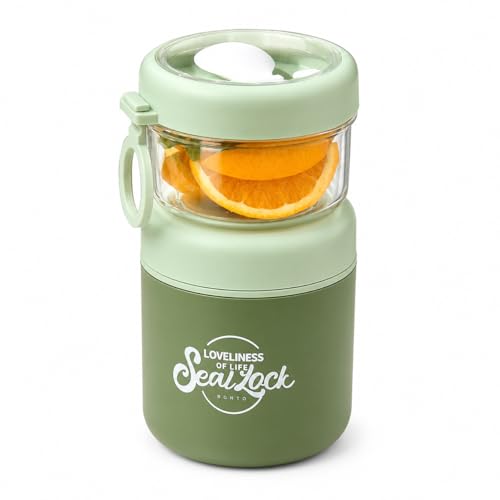 Image of 860ML Double Layer Lunch Container for Office & School, Insulated Food Jar with Snack Compartment, Leakproof Portable Bento Box, Round Lunch Box for Men Women Kids - Green