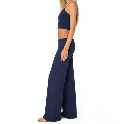 Image of Lounge Yoga Pants for Women Fold Over Low Waist Wide Leg Bell Bottoms | Y2K Foldover Pants, Flare Leggings, Low Rise Yoga Sweatpants