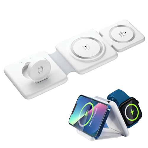 UNIQNOVA Wireless Charging Station 3 in 1 Foldable Magnetic 15W Travel Multiple Devices Fast Charger for iPhone 15/14/13/12 Series, AirPods 3/2/Pro/Pro2, iWatch (White)