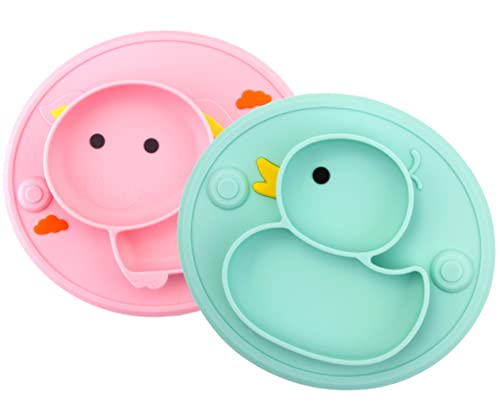 Baby Divided Plate Silicone 2 Set- Portable Non Slip Child Feeding Plate for Children Babies and Kids BPA Free Baby Dinner Plate Microwave Dishwasher Safe