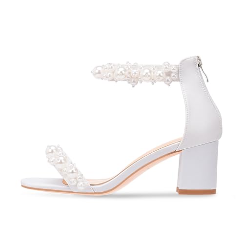 Women's Pearl Decoration Ankle Strap Sandals Chunky Block Heel Wedding Party Shoes2