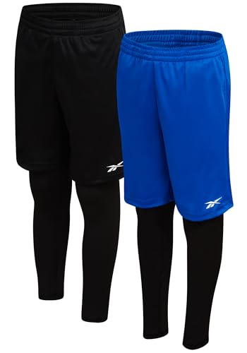 Reebok Boys Basketball Shorts - 2 Pack 2-in-1 Boys Athletic Shorts for Running with Compression Leggings Pockets & Drawstring, Size 8, Black/Bright Cobalt