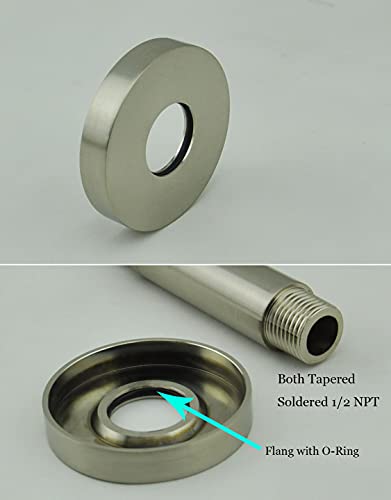 Aquaiaw Shower Arm and O-Ring Flange, 3 inch, Solid Brass, Round, Both Soldered 1/2 NPT Tapered Threads, PVD Brushed Nickel Straight Shower Arm Extension, Ceiling Shower Head Arm for Rainfall Shower