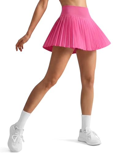G4Free Athletic Skirts for Women High Rise Pleated Golf Skorts Inner Shorts Summer Casual A Line Skirts with Pockets(Rose Pink,L)