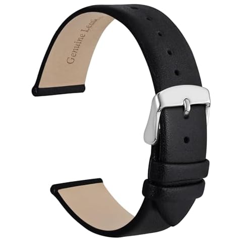 WOCCI 18mm Lug Width, Elegant Watch Band, Genuine Leather Replacement Strap with Silver Buckle (Black) Cover