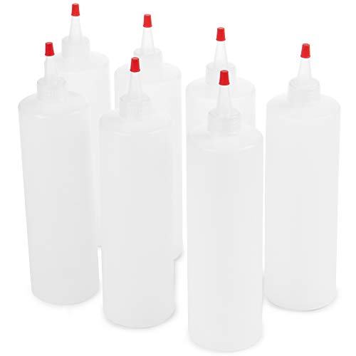 Resealable Clear Squeeze Bottle Value Combo Pack & Caps | 7-pack 16-oz Plastic Kitchen Table Condiment Squirt Dispensers | Restaurant Supplies for Food Truck, Grilling, Dressing, BBQ Sauce, Crafts