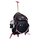 Kipling Mochila Escolar com Rodinhas, Preta com Detalhes Rosa, Múltiplos Compartimentos, Decorada com Chaveiro e Miçangas Coloridas