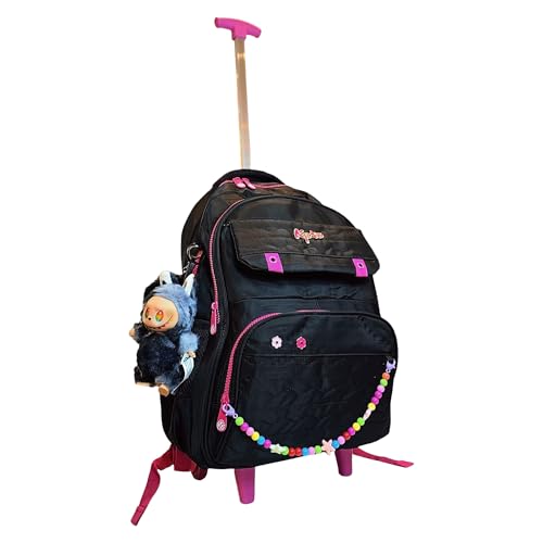 Kipling Mochila Escolar com Rodinhas, Preta com Detalhes Rosa, Múltiplos Compartimentos, Decorada com Chaveiro e Miçangas Coloridas
