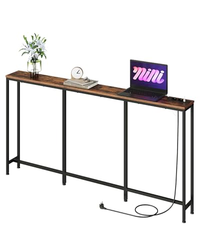 CHOEZON Table de Console de 160 cm, Table d’Entrée avec Station de Charge, Bout de Canapé étroit avec 2 Prises et 2 USB, Style Industriel, pour Salon,...