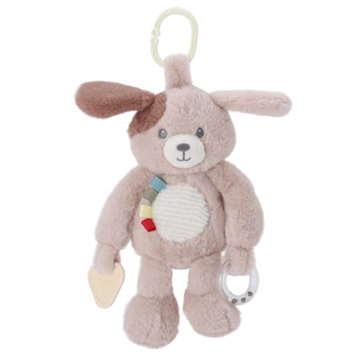 Linzy 10" Dog Stroller Toy – Soft Puppy Plush Baby Toy with Teether, Bells & Colorful Tags, Birthday Christmas for Newborns Toddlers Kids