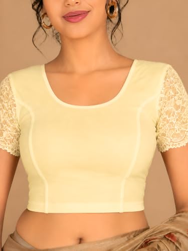 Image of Abhi Cotton Readymade Saree Blouse for Women- Half Net Sleeves, Round Neck, Regular-fit, Stretchable, Pull-on Style Blouse