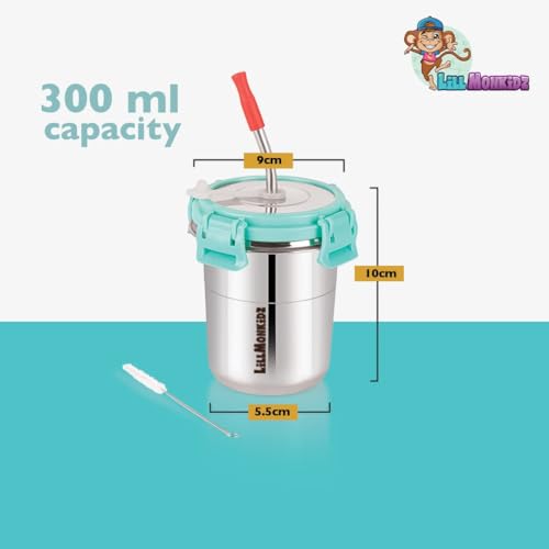 Image of LiLMONKiDZ Steel Tumbler for Kids Set of 2 (300ml Each), Leak Proof Sipper Cups with Lid & Straw, BPA Free Baby Sipper Glass with Cleaning Brush, Drinking Tumbler for Milk, Juice & Water (Sky Blue)