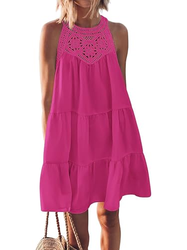 Ajpguot Vestido corto de verano para mujer, ligero y aireado, con gancho de aguja, sin mangas, sin mangas, vestido halter en capas, línea A, vestido de oscilación, minivestido, informal, suelto,