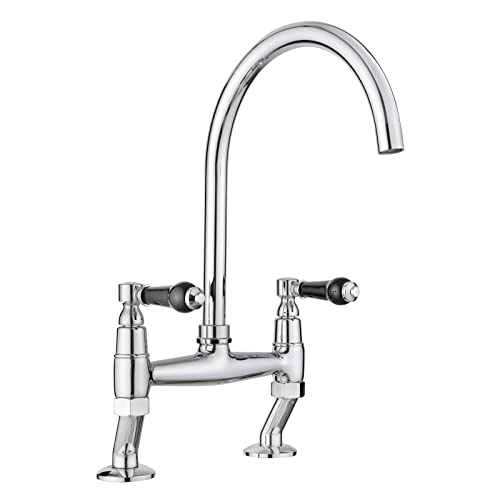 JASSFERRY Robinet mitigeur traditionnel en céramique noire avec poignées à levier montées sur le plateau monobloc classique 2 trous pour évier de cuisine chromé avec bec pivotant Cover