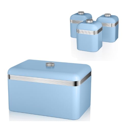 Swan Retro Blue Bread Bin and Tea, Coffee, Sugar Canisters. Matching Retro Design Kitchen Storage Set in Blue