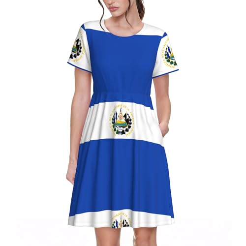 OPOZSDF Women’s Knee-Length Casual Dress, El Salvador Flag Dresses, Breathable Short Sleeve Sundress, Perfect for Outdoor Activities & Summer Weddings
